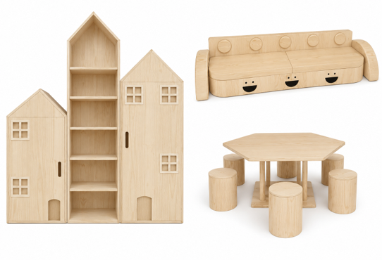 Kiddopouch house shelving, bench storage, and children's table set